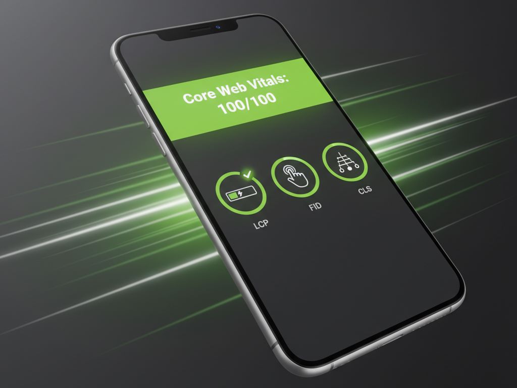 Core Web Vitals Checklist as mobile phone screen declares excellent performance with LCP FID CLS successFeatured Image Description: The image features a mobile device with a bright, green score card for Core Web Vitals, highlighting the "Excellent" status for LCP, FID, and CLS metrics.