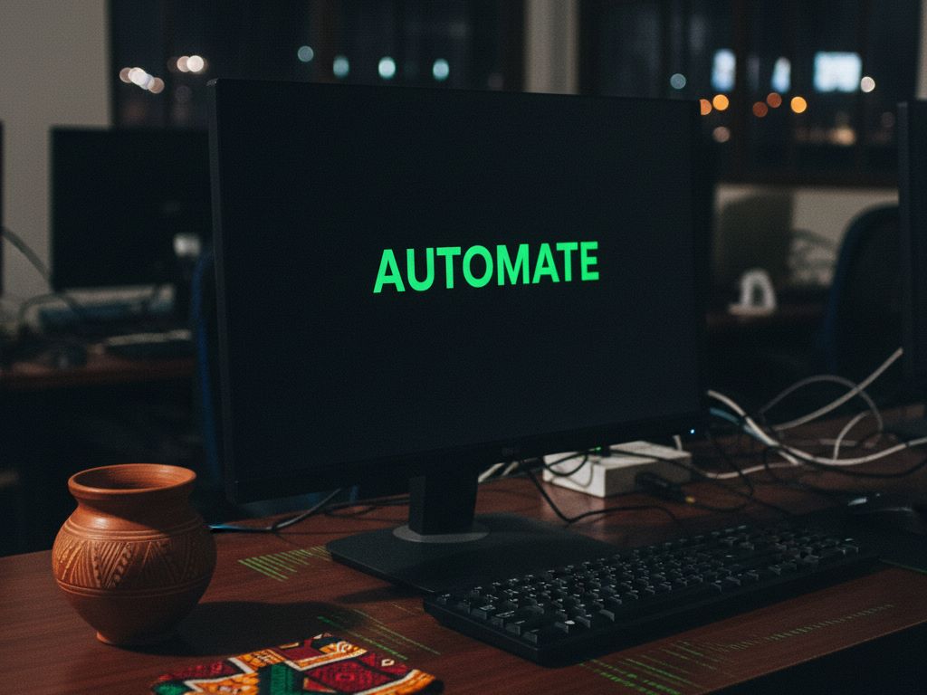 A monitor displaying the word 'AUTOMATE' with Nigerian cultural elements in a