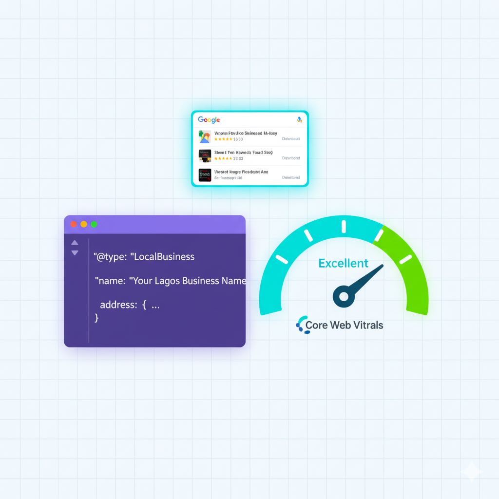 Combined visual of LocalBusiness Schema code and a fast speedometer for Core Web Vitals