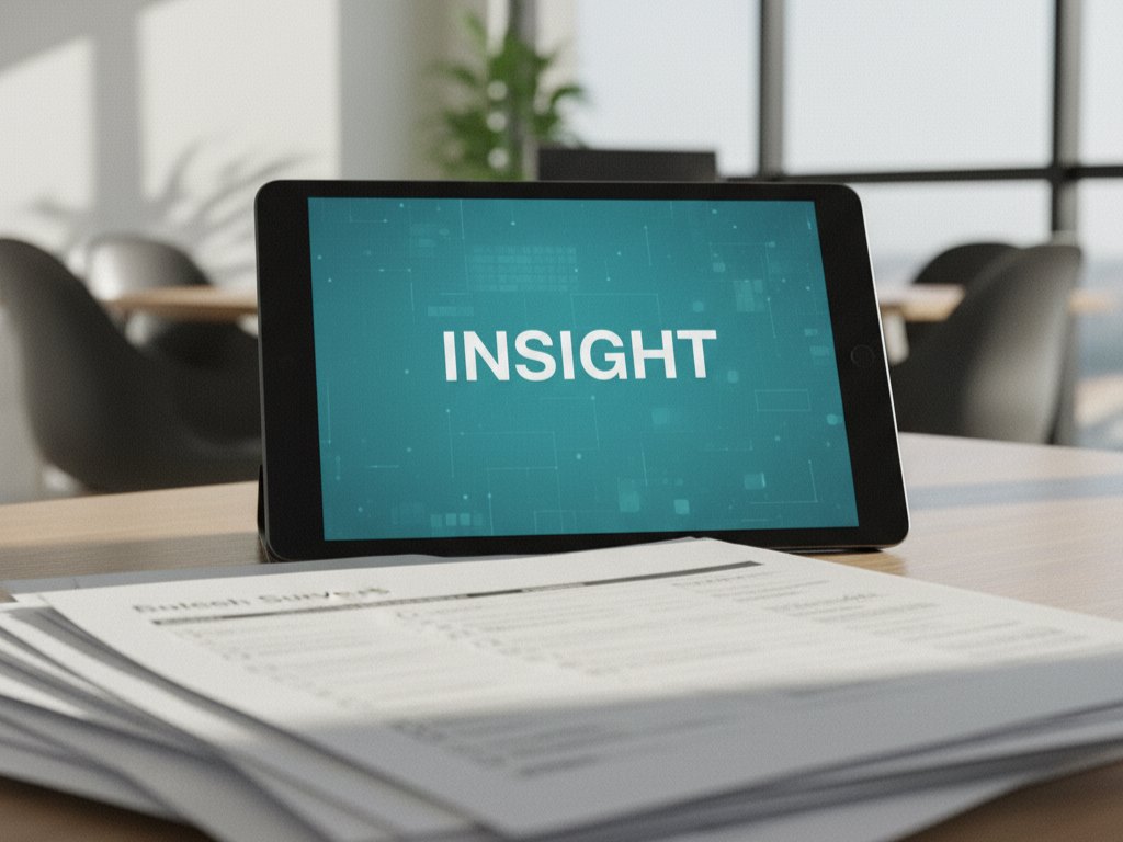 A tablet screen displaying the word 'INSIGHT' with paper surveys in the foreground.Featured Image Description:
This image shows the systematic process of data collection and collaborative analysis.Featured Image Title:
data-collection-team-analysis-2025-07-21.jpg