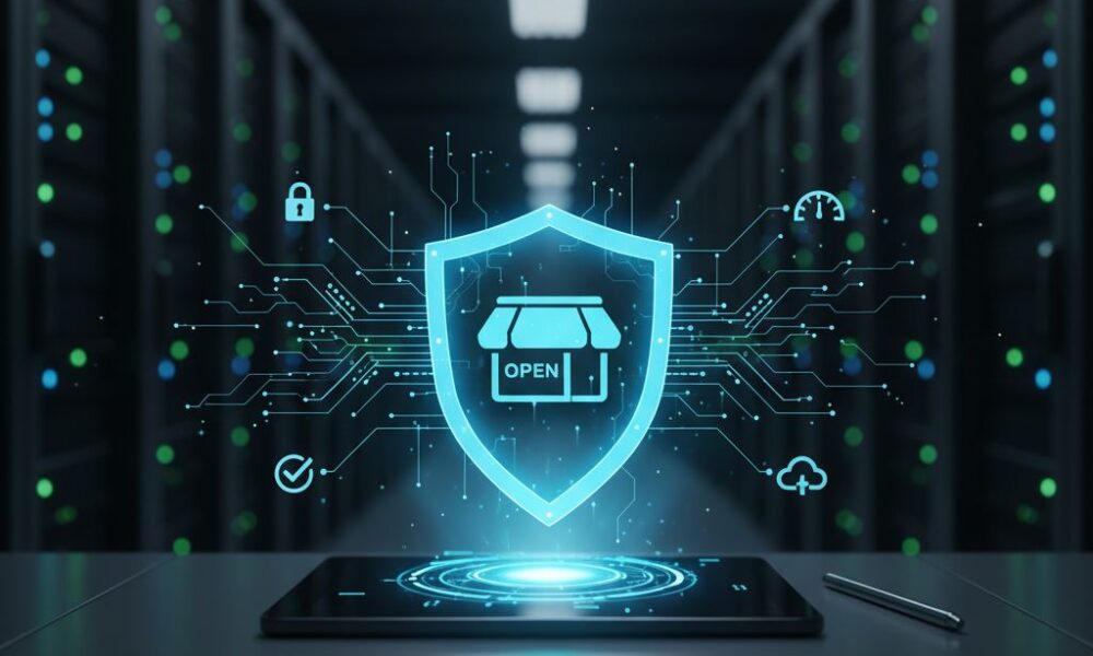 A glowing blue digital shield icon with a stylized "open" storefront inside, overlaid on a circuit board pattern, protecting a tablet displaying a circular blue light on a dark server room background.Featured Image Description: The image depicts a business professional (male or female, early 40s) using a laptop. On the screen, a clean, bold interface shows a checklist with five items marked with green checks, clearly labeled for website maintenance tasks like "Security Update" and "Backup Verified."