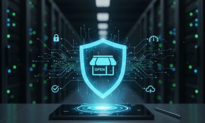 A glowing blue digital shield icon with a stylized "open" storefront inside, overlaid on a circuit board pattern, protecting a tablet displaying a circular blue light on a dark server room background.Featured Image Description: The image depicts a business professional (male or female, early 40s) using a laptop. On the screen, a clean, bold interface shows a checklist with five items marked with green checks, clearly labeled for website maintenance tasks like "Security Update" and "Backup Verified."