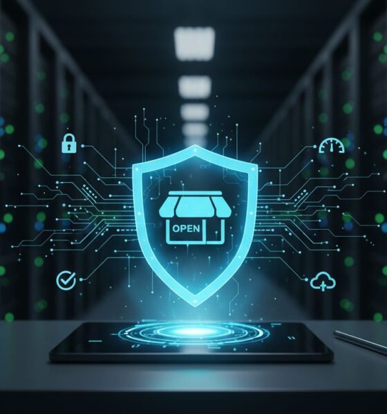 A glowing blue digital shield icon with a stylized "open" storefront inside, overlaid on a circuit board pattern, protecting a tablet displaying a circular blue light on a dark server room background.Featured Image Description: The image depicts a business professional (male or female, early 40s) using a laptop. On the screen, a clean, bold interface shows a checklist with five items marked with green checks, clearly labeled for website maintenance tasks like "Security Update" and "Backup Verified."