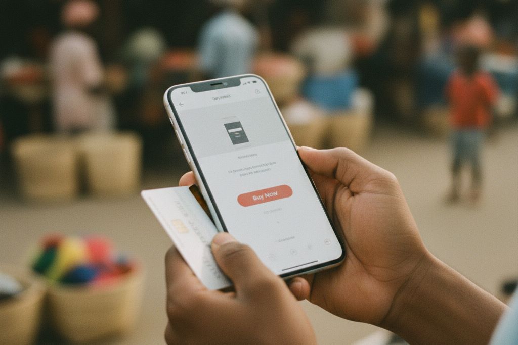 A hand holding a smartphone with an e-commerce checkout screen.