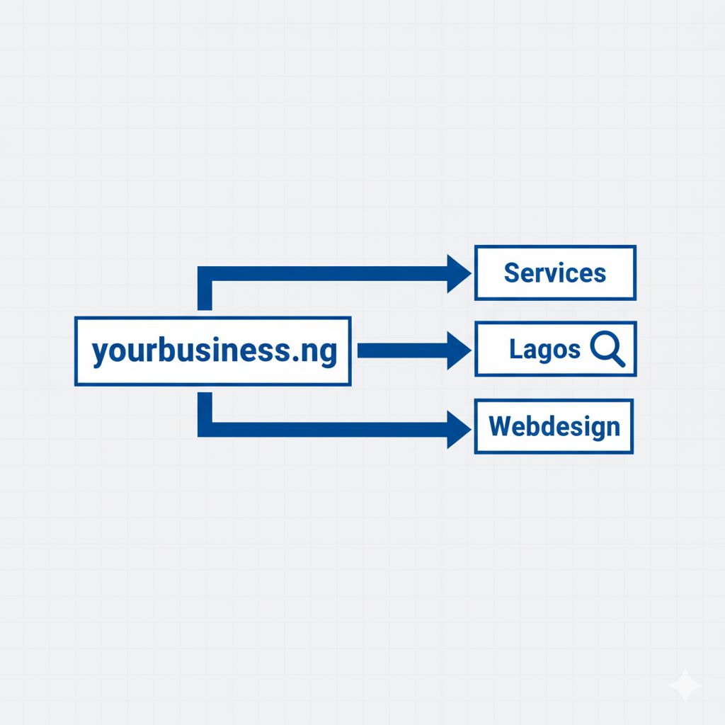 Diagram showing hierarchical URL arrangement: yourbusiness.ng/services/lagos/websitedesign
