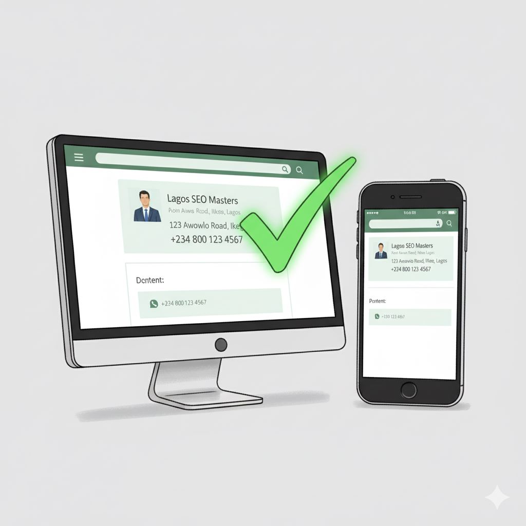Illustration comparing desktop and mobile screens to ensure content parity for local ranking