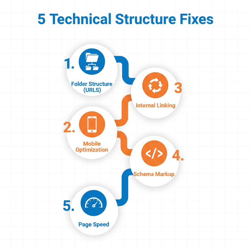 Local SEO fixes for Lagos as structured diagram declares technical process with five numbered pointsFeatured Image Description: The image displays a clean technical diagram with five distinct steps, literally representing the five website structure fixes detailed in the guide.Featured Image Title: local-seo-fixes-lagos-structured-diagram-2025-10-28.jpg