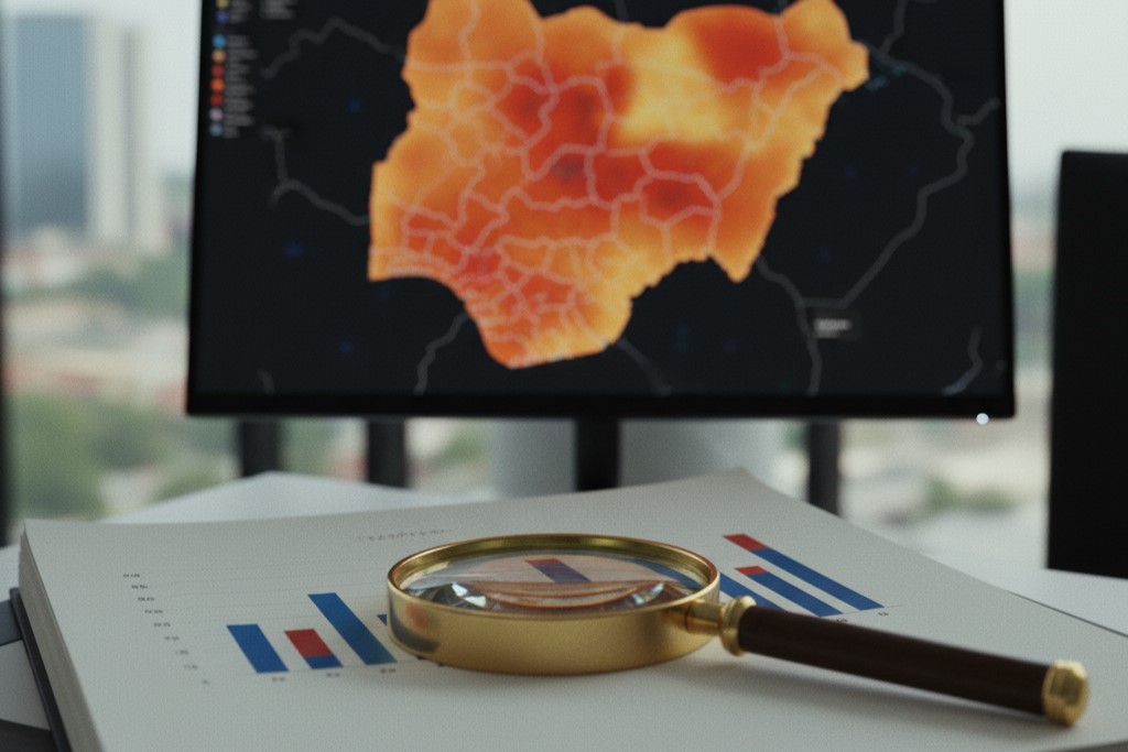 A magnifying glass on a data report with a heat map of Nigeria on a screen.