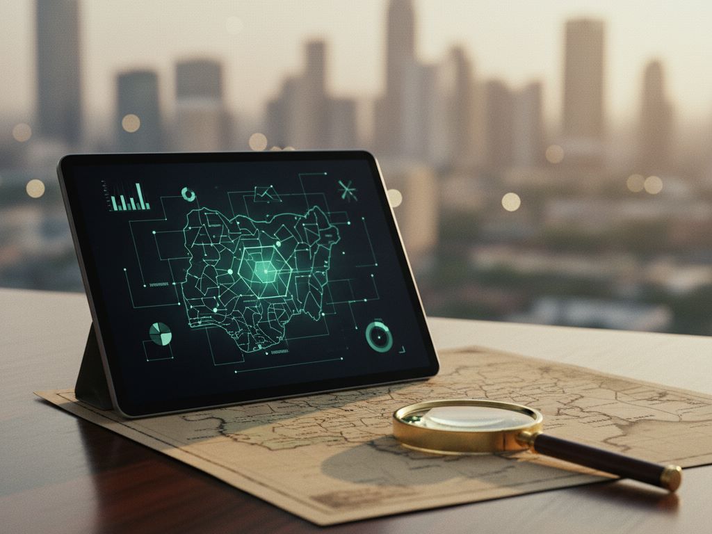 A tablet showing a data dashboard and a magnifying glass on a map of Nigeria.Featured Image Description: A tablet showing a data dashboard and a magnifying glass on a map of Nigeria.Featured Image Title: market-research-business-intelligence-solutions-dashboard-2025-10-23.jpg
