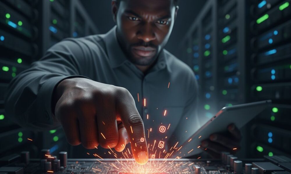 A close-up of a focused, professional person (implied technician or executive) viewing a complex, highly magnified circuit board or network diagram glowing with warning colors, emphasizing a single, minute point of failure in the center.
Featured Image Description: The image depicts a focused technical specialist closely examining a magnified single line of code displayed on a futuristic screen, illustrating the critical nature of small details in maintaining system-wide operational stability.