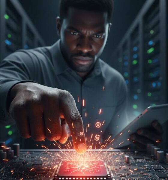 A close-up of a focused, professional person (implied technician or executive) viewing a complex, highly magnified circuit board or network diagram glowing with warning colors, emphasizing a single, minute point of failure in the center.
Featured Image Description: The image depicts a focused technical specialist closely examining a magnified single line of code displayed on a futuristic screen, illustrating the critical nature of small details in maintaining system-wide operational stability.