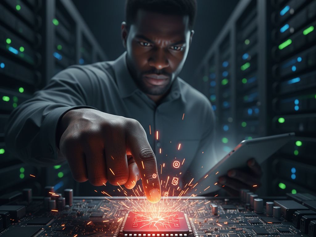 A close-up of a focused, professional person (implied technician or executive) viewing a complex, highly magnified circuit board or network diagram glowing with warning colors, emphasizing a single, minute point of failure in the center.
Featured Image Description: The image depicts a focused technical specialist closely examining a magnified single line of code displayed on a futuristic screen, illustrating the critical nature of small details in maintaining system-wide operational stability.