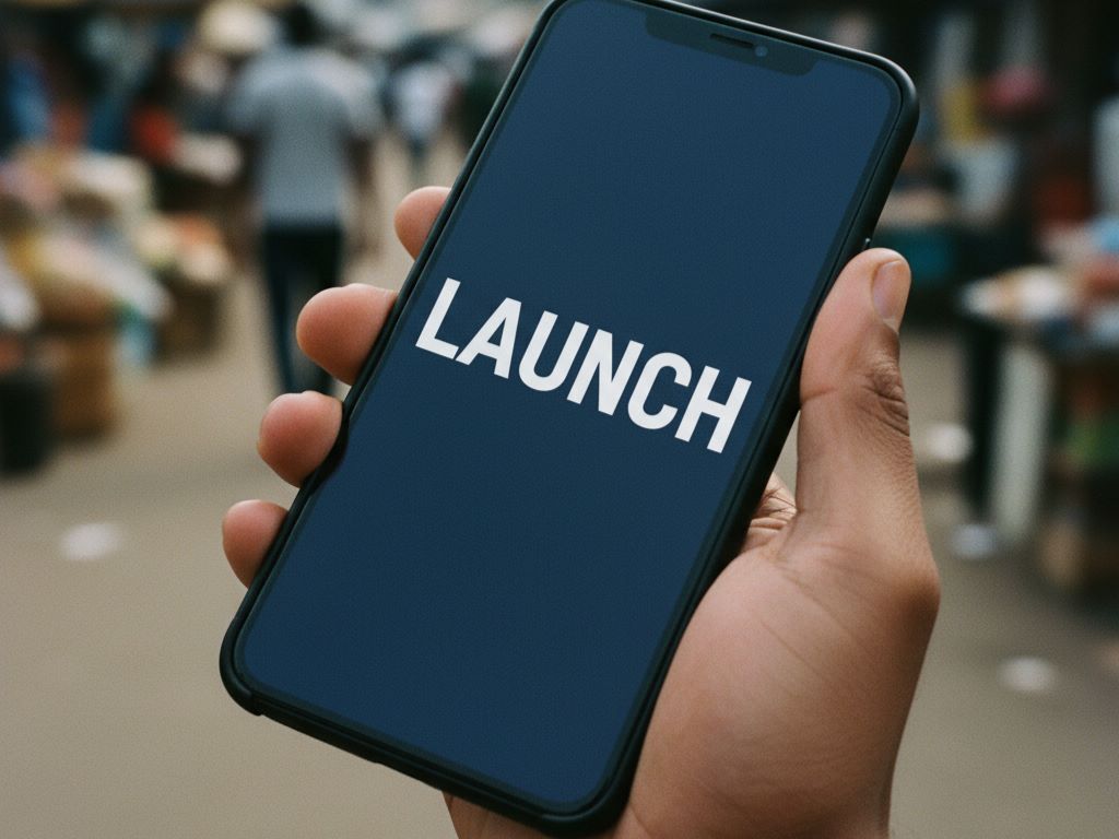 A smartphone displaying the word 'LAUNCH' against a Lagos market.