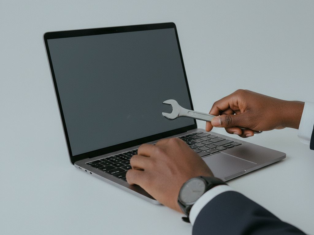 Hands holding a wrench near a blank laptop screen, on a light grey background.