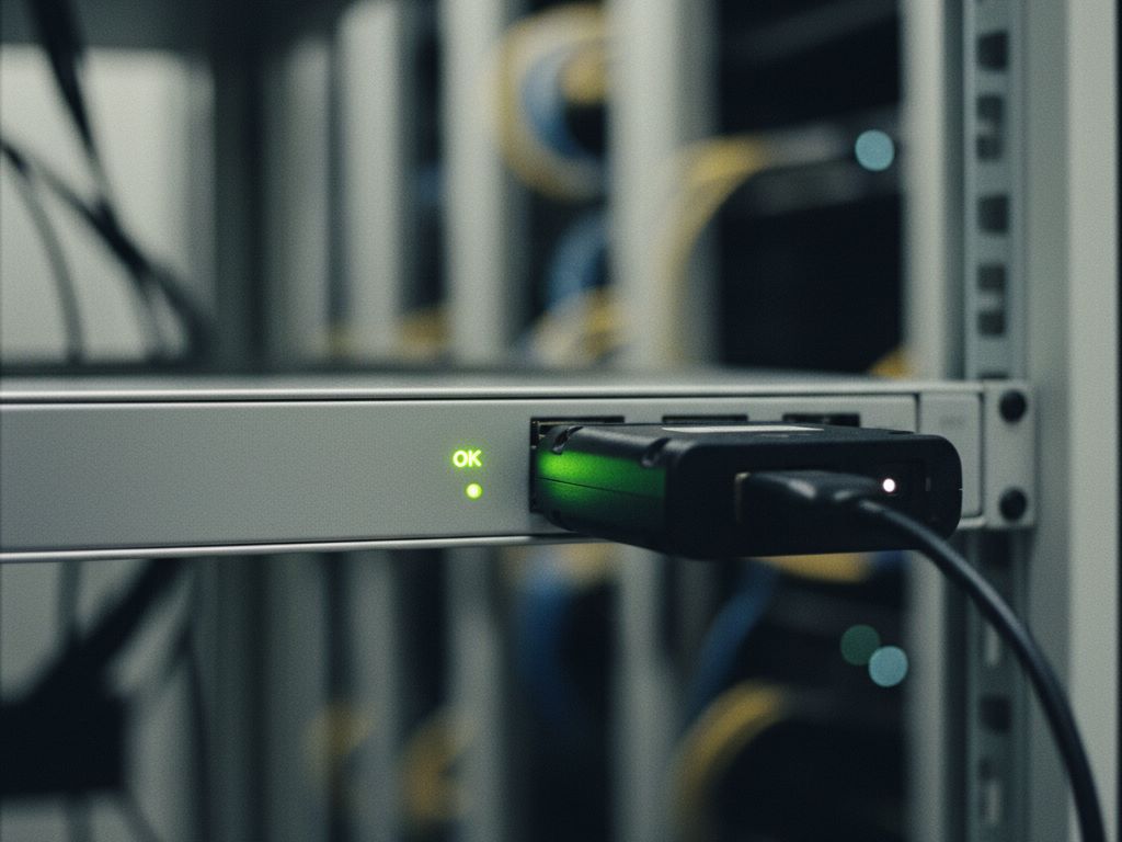 A server rack with a green status light and a connected backup drive.