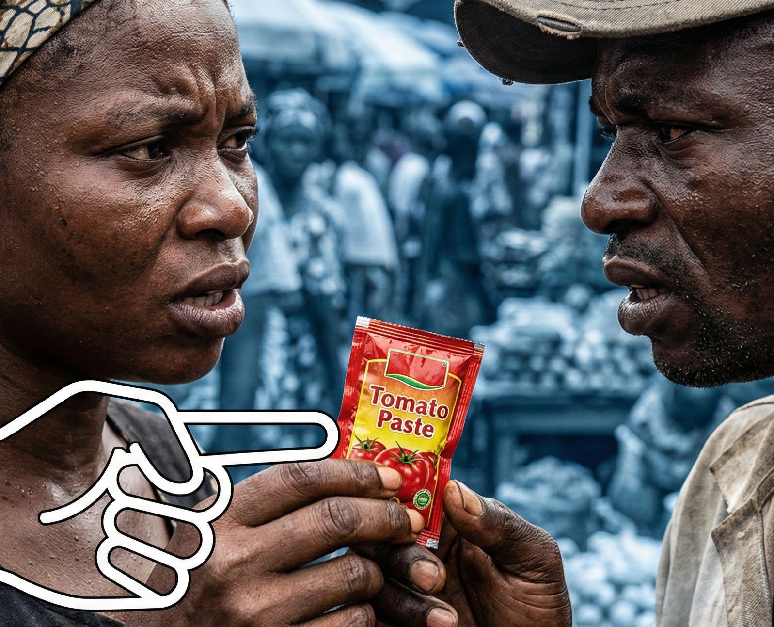 Two Nigerians in a market, one holding a tomato paste sachet while a white outline hand points at it, symbolizing the sachet economy.Featured Image Description: A close-up photograph of a Nigerian woman with a headwrap and a man in a cap, their faces tense as they hold a small tomato paste sachet. A stylized white outline hand graphic overlays the scene, pointing at the sachet. The crowded market background is heavily blurred with a cool blue tint.Featured Image Title: The Reality of the Sachet Economy in Nigeria