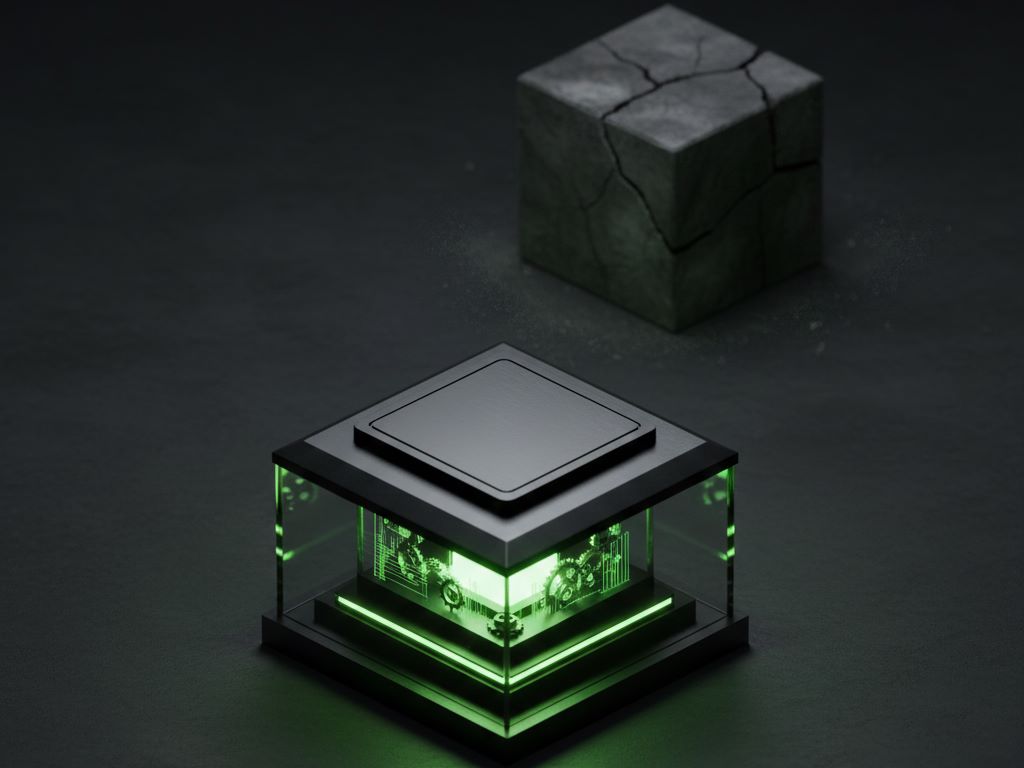 Abstract view of business competition showing a bright active system and a dark inactive one.Featured Image Description: The image shows a sharp, glowing crystalline structure made of brushed metal and glass in the foreground, illuminated by a vibrant green light. In the dim background, a heavy stone block with cracks and dust sits in the shadows. The lighting is deep charcoal and slate gray.Featured Image Title: Digital Advantage vs Business Neglect