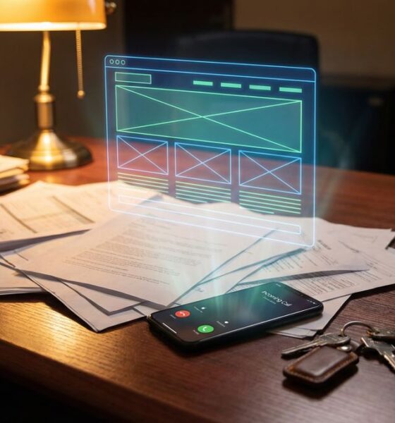 A messy desk with a glowing holographic website structure rising from the papers.