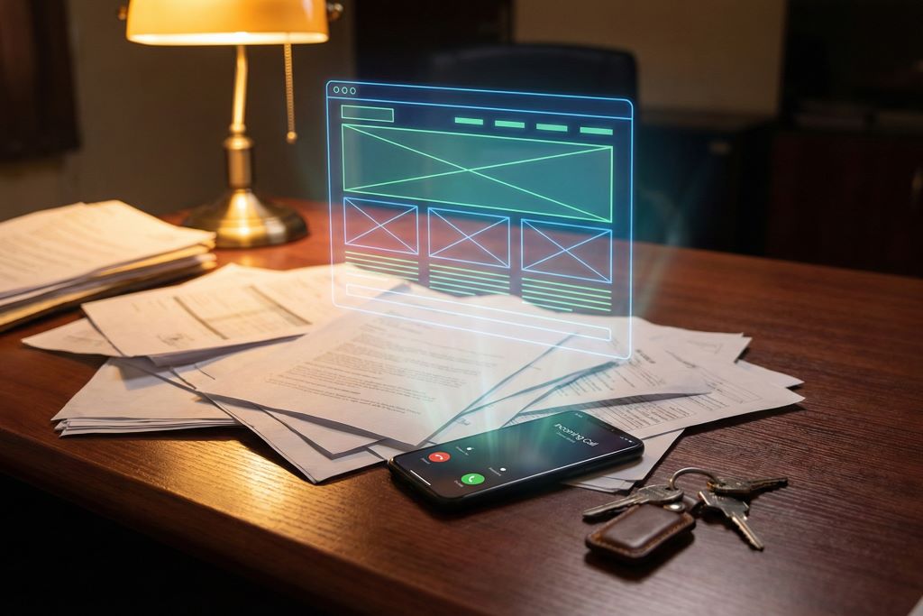 A messy desk with a glowing holographic website structure rising from the papers.