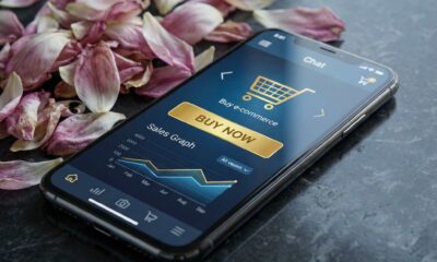 A digital screen showing a professional storefront emerging from a pile of scattered flower petals.Featured Image Description: A cinematic 1:1 shot in conceptual realism. On a dark, polished stone surface, a high-end smartphone lies horizontally. The screen of the phone glows with a sharp, clean business dashboard and a "Buy Now" button in vibrant gold. Surrounding the phone, a chaotic pile of soft, wilted pink and white flower petals is being blown away by a clean breeze, revealing the solid device beneath. The lighting is focused on the screen, creating a high contrast between the fading petals and the bright, digital business tool. The environment is minimalist and high-end.Featured Image Title: From Greetings to Growth