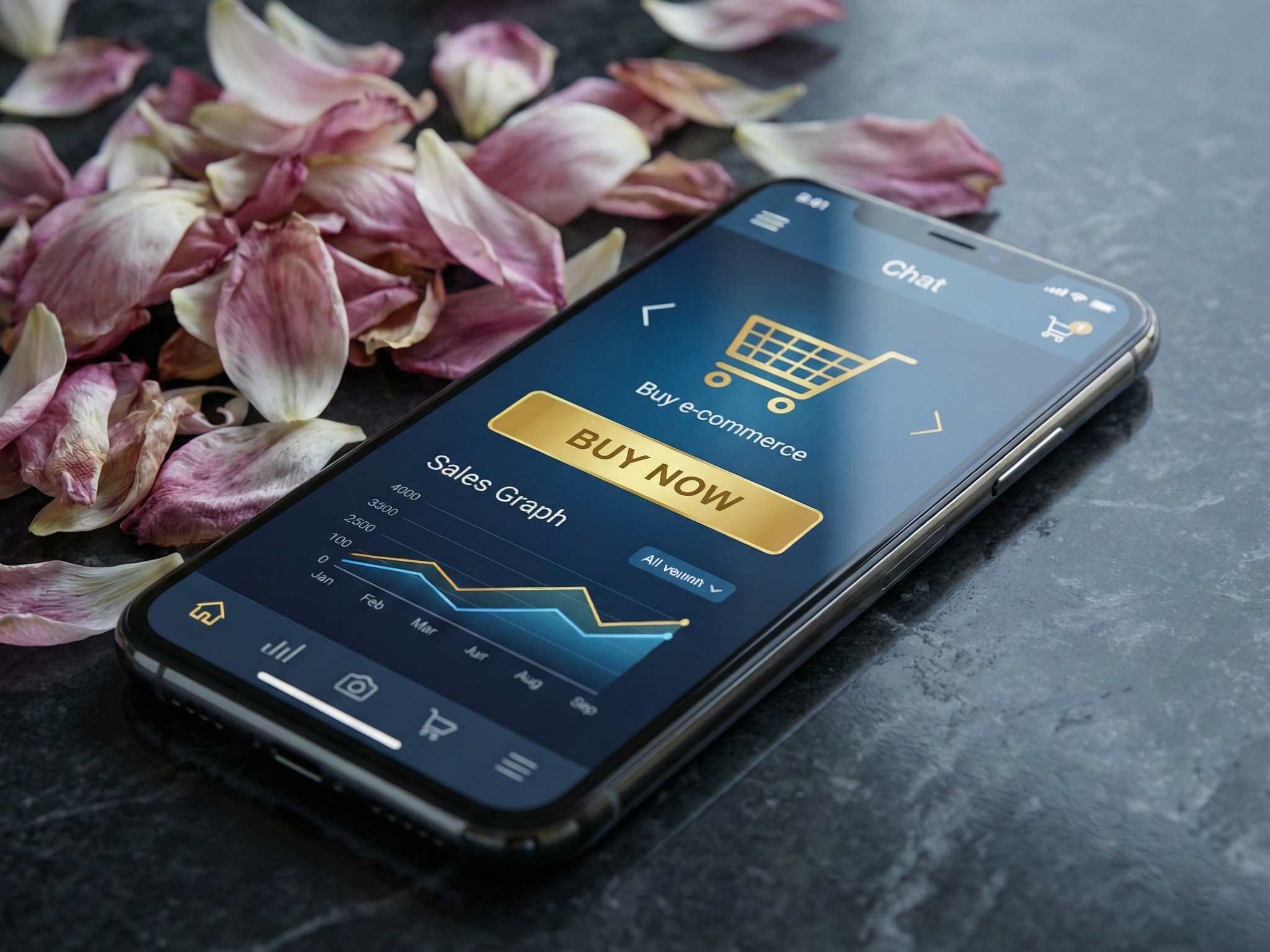 A digital screen showing a professional storefront emerging from a pile of scattered flower petals.Featured Image Description: A cinematic 1:1 shot in conceptual realism. On a dark, polished stone surface, a high-end smartphone lies horizontally. The screen of the phone glows with a sharp, clean business dashboard and a "Buy Now" button in vibrant gold. Surrounding the phone, a chaotic pile of soft, wilted pink and white flower petals is being blown away by a clean breeze, revealing the solid device beneath. The lighting is focused on the screen, creating a high contrast between the fading petals and the bright, digital business tool. The environment is minimalist and high-end.Featured Image Title: From Greetings to Growth