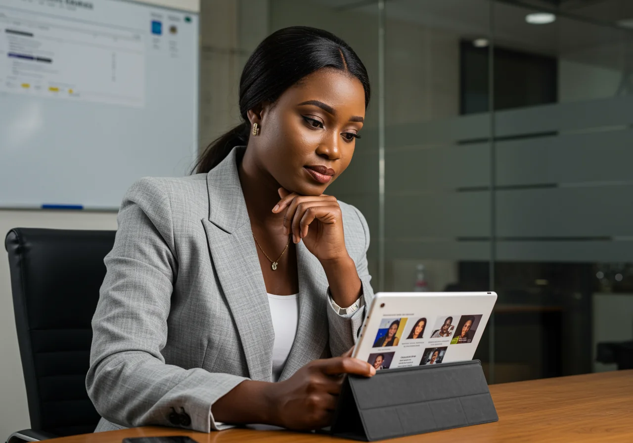 A professional woman reviewing results from a Digital footprint search in a Lagos office