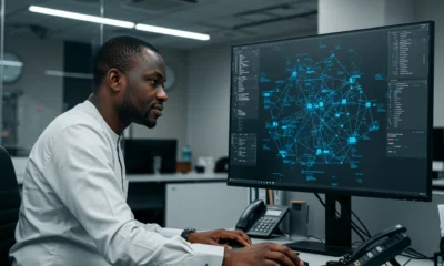 A professional analyzing a digital forensic trail in a modern office