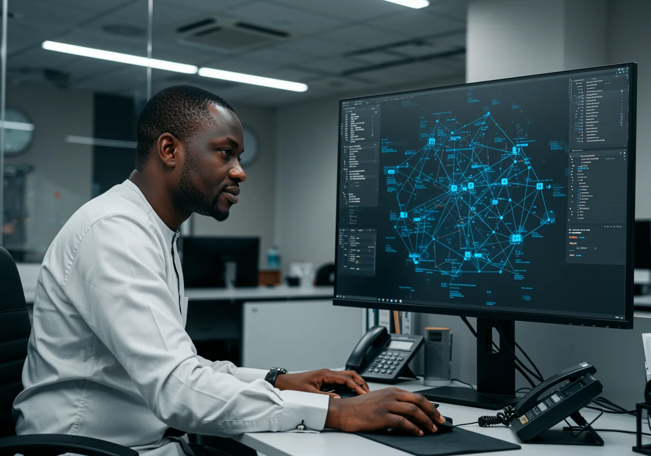 A professional analyzing a digital forensic trail in a modern office