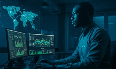 A cybersecurity expert monitoring a Global cyber plot on a digital interface