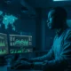 A cybersecurity expert monitoring a Global cyber plot on a digital interface