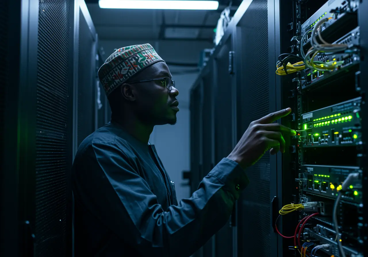 A technician monitoring Global network security in a data center