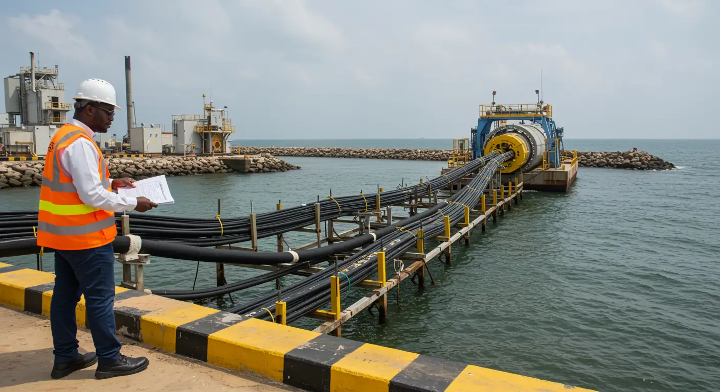 A technician inspecting High Speed Lines subsea cables at a landing station