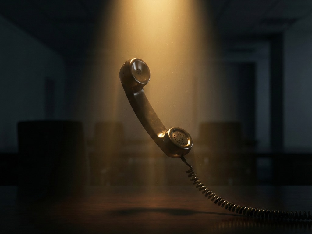 A classic vintage telephone receiver dangling off the hook in a dark, atmospheric room with golden light reflecting on its surface.Featured Image Description: A cinematic 1:1 conceptual realism shot. A classic black telephone receiver dangles mid-air, suspended by its coiled cord from a desk that remains in deep shadow. The receiver is the central focus, caught in a single, sharp beam of warm golden light that highlights the dust motes in the air. The background is a minimalist, dark office environment with a polished surface that reflects the glowing light. The scene suggests a missed connection and a silent, empty space where a sale should be happening. No people or hands are in the frame.Featured Image Title: The Missed Connection