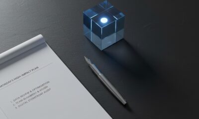 A top-down view of a clean desk with a simple planner, a fountain pen, and a bright blue glass paperweight.Featured Image Description: The scene is an overhead surveillance view of a minimalist workspace. A heavy, dark slate desk holds a clean white planner open to a fresh page. A silver fountain pen lies perfectly straight beside it. A single, solid glass cube glows with a soft electric blue light from within, symbolizing the clarity and focus of the top performers. The environment is silent and orderly, representing the calm before the busy week.Featured Image Title: The Order of Elite Business Starts