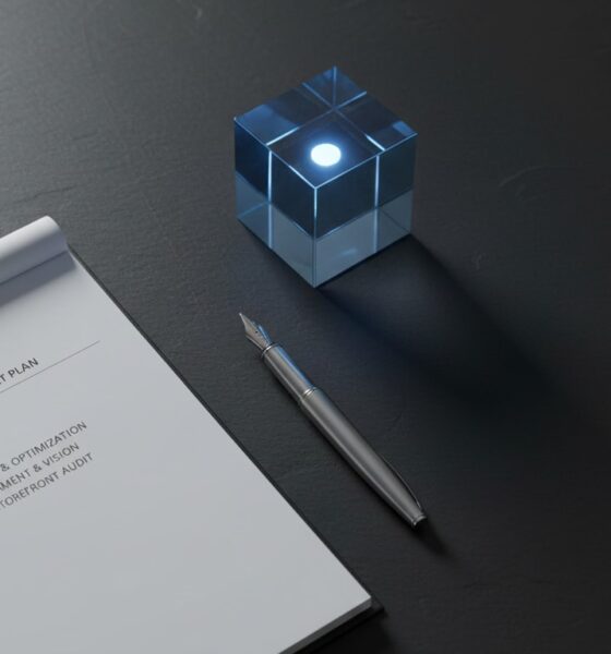 A top-down view of a clean desk with a simple planner, a fountain pen, and a bright blue glass paperweight.Featured Image Description: The scene is an overhead surveillance view of a minimalist workspace. A heavy, dark slate desk holds a clean white planner open to a fresh page. A silver fountain pen lies perfectly straight beside it. A single, solid glass cube glows with a soft electric blue light from within, symbolizing the clarity and focus of the top performers. The environment is silent and orderly, representing the calm before the busy week.Featured Image Title: The Order of Elite Business Starts