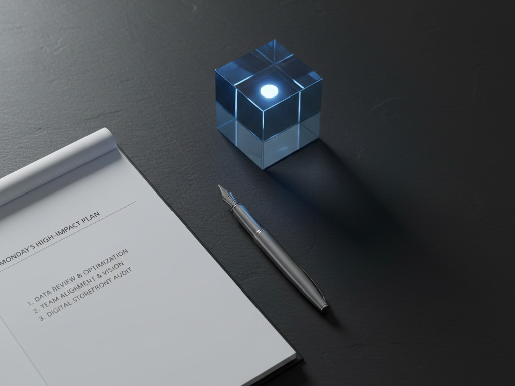 A top-down view of a clean desk with a simple planner, a fountain pen, and a bright blue glass paperweight.Featured Image Description: The scene is an overhead surveillance view of a minimalist workspace. A heavy, dark slate desk holds a clean white planner open to a fresh page. A silver fountain pen lies perfectly straight beside it. A single, solid glass cube glows with a soft electric blue light from within, symbolizing the clarity and focus of the top performers. The environment is silent and orderly, representing the calm before the busy week.Featured Image Title: The Order of Elite Business Starts