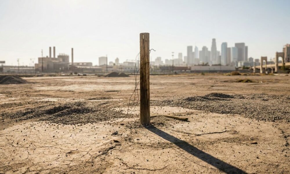 An empty dusty lot in a city with a single rusted sign board.
Featured Image Description: A cinematic, realistic photograph of an empty, dusty urban lot. The ground is covered in dry earth and sparse weeds. In the center, a single rusted metal sign post stands without a sign. The background shows the blurred outlines of a city under a hazy sun. The lighting is harsh and natural, emphasizing the desolation of the space.
Featured Image Title: The Ghost Office Empty Lot