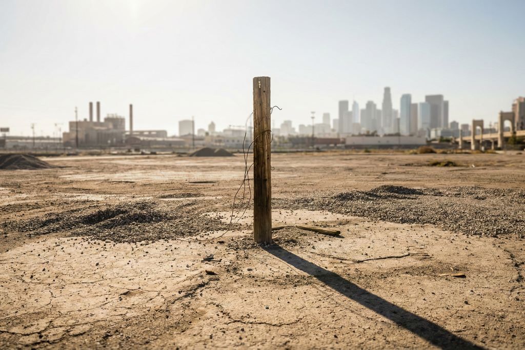 An empty dusty lot in a city with a single rusted sign board.
Featured Image Description: A cinematic, realistic photograph of an empty, dusty urban lot. The ground is covered in dry earth and sparse weeds. In the center, a single rusted metal sign post stands without a sign. The background shows the blurred outlines of a city under a hazy sun. The lighting is harsh and natural, emphasizing the desolation of the space.
Featured Image Title: The Ghost Office Empty Lot