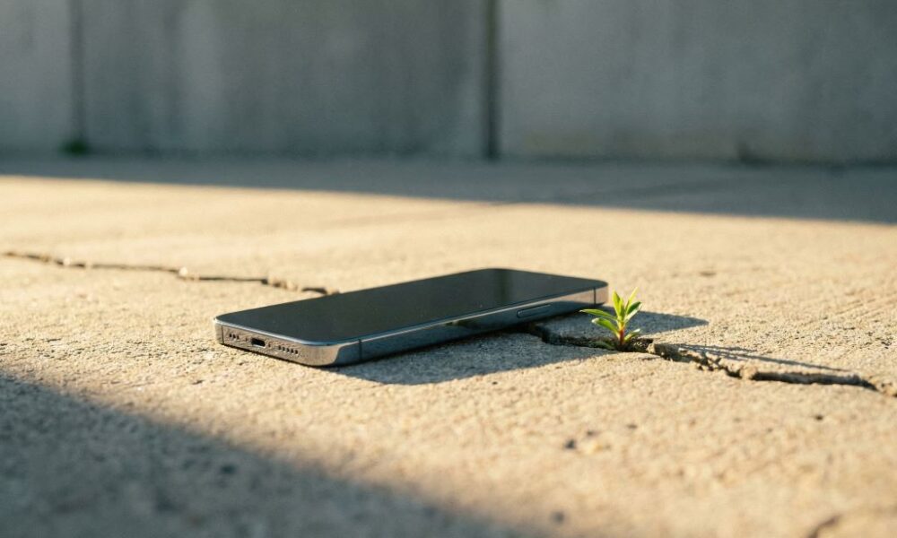 A high-end smartphone lying on a cracked concrete floor in a minimalist setting.
Featured Image Description: A cinematic photograph of a sleek, modern smartphone resting on a weathered, cracked urban surface. A single green sprout grows from a crack nearby, symbolizing the contrast between technology and neglect. Minimalist and realistic.
Featured Image Title: The Abandoned Digital Masterpiece