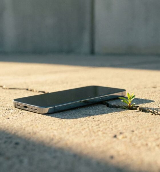 A high-end smartphone lying on a cracked concrete floor in a minimalist setting.
Featured Image Description: A cinematic photograph of a sleek, modern smartphone resting on a weathered, cracked urban surface. A single green sprout grows from a crack nearby, symbolizing the contrast between technology and neglect. Minimalist and realistic.
Featured Image Title: The Abandoned Digital Masterpiece