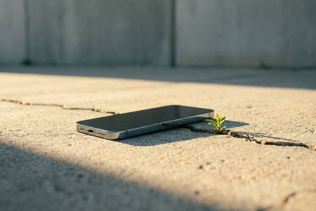 A high-end smartphone lying on a cracked concrete floor in a minimalist setting.
Featured Image Description: A cinematic photograph of a sleek, modern smartphone resting on a weathered, cracked urban surface. A single green sprout grows from a crack nearby, symbolizing the contrast between technology and neglect. Minimalist and realistic.
Featured Image Title: The Abandoned Digital Masterpiece