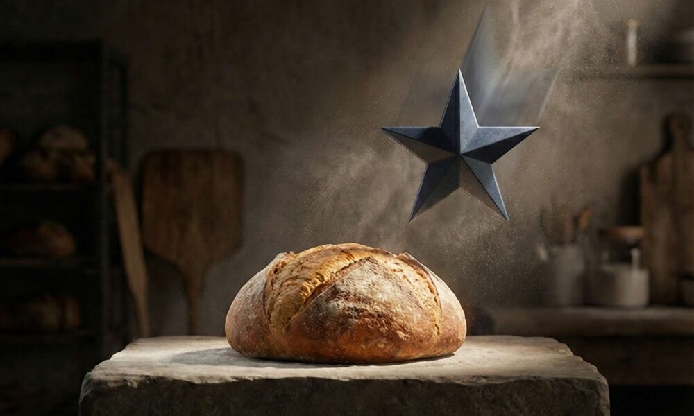 A sharp, falling 1-star review symbol hovering threateningly above a loaf of bread in a rustic kitchen.Featured Image Description: A cinematic 1:1 shot using minimal symbolic realism. A single, warm loaf of golden bread sits on a dark, rustic wooden surface. From the top of the frame, a sharp, jagged dark metal 1-star symbol falls toward the bread, suspended just above it in tension. The background is a soft-focus, dim kitchen with hints of flour in the air. Lighting is dramatic, focusing sharply on the texture of the bread and the threatening star.Featured Image Title: Shielding the Brand