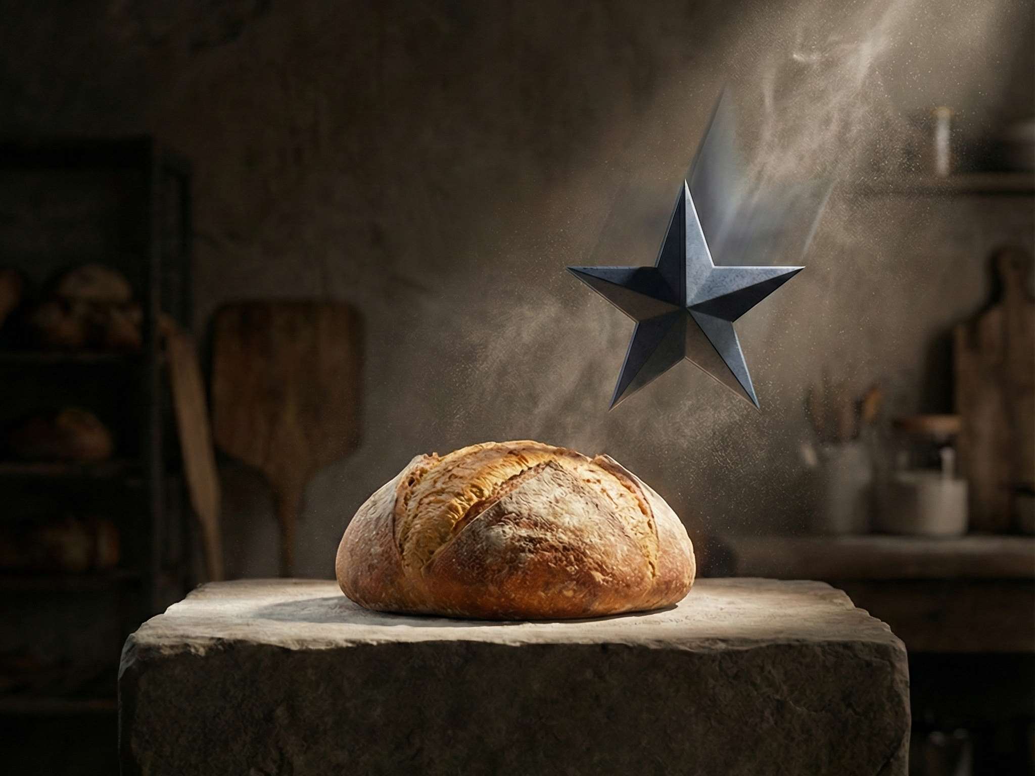 A sharp, falling 1-star review symbol hovering threateningly above a loaf of bread in a rustic kitchen.Featured Image Description: A cinematic 1:1 shot using minimal symbolic realism. A single, warm loaf of golden bread sits on a dark, rustic wooden surface. From the top of the frame, a sharp, jagged dark metal 1-star symbol falls toward the bread, suspended just above it in tension. The background is a soft-focus, dim kitchen with hints of flour in the air. Lighting is dramatic, focusing sharply on the texture of the bread and the threatening star.Featured Image Title: Shielding the Brand