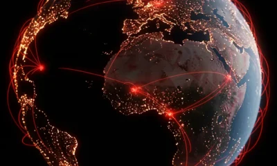 A globe with red network lines representing a breach in Global network security