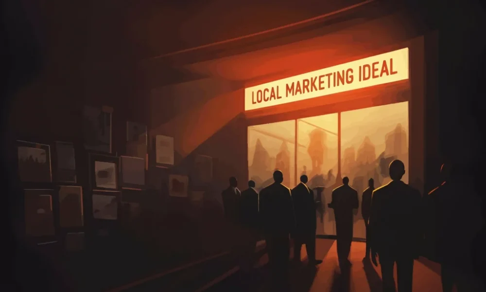 A hand-drawn map pin with a fork and pen to represent local marketing ideas