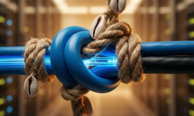 A close-up photograph of a thick fiber optic data cable choked by rough, traditional jute rope and cowrie shells, preventing light from passing through.Featured Image Description: A cinematic, macro photograph showing a modern blue fiber optic cable heavily knotted and constricted by rustic, coarse jute twine and traditional cowrie shells. The glowing blue digital light is completely blocked at the knot, leaving the rest of the cable dark. The background is a blurred, modern server room. The image represents modern connectivity being choked by perceived traditional problems.Featured Image Title: The Digital Blockage