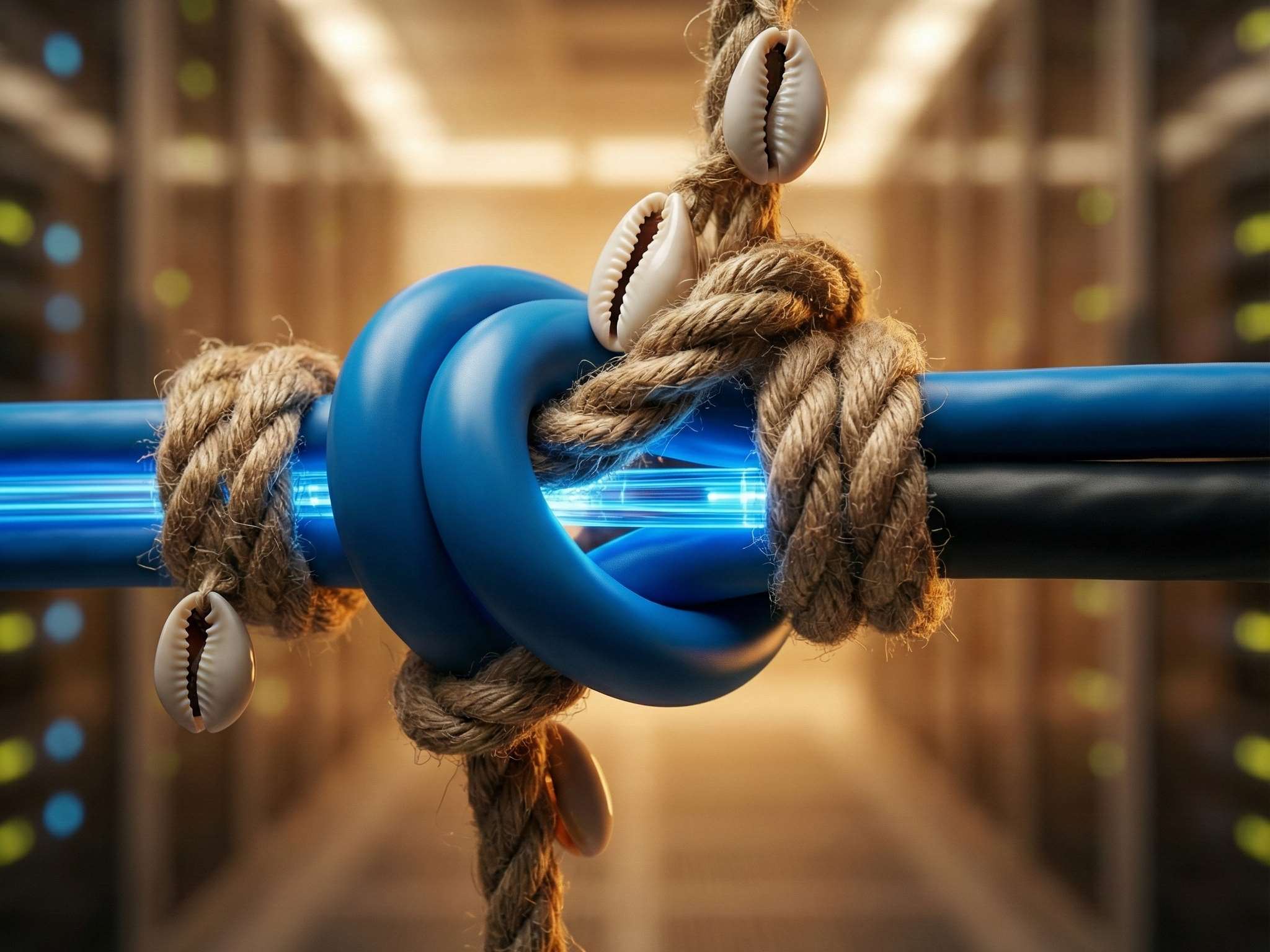 A close-up photograph of a thick fiber optic data cable choked by rough, traditional jute rope and cowrie shells, preventing light from passing through.Featured Image Description: A cinematic, macro photograph showing a modern blue fiber optic cable heavily knotted and constricted by rustic, coarse jute twine and traditional cowrie shells. The glowing blue digital light is completely blocked at the knot, leaving the rest of the cable dark. The background is a blurred, modern server room. The image represents modern connectivity being choked by perceived traditional problems.Featured Image Title: The Digital Blockage
