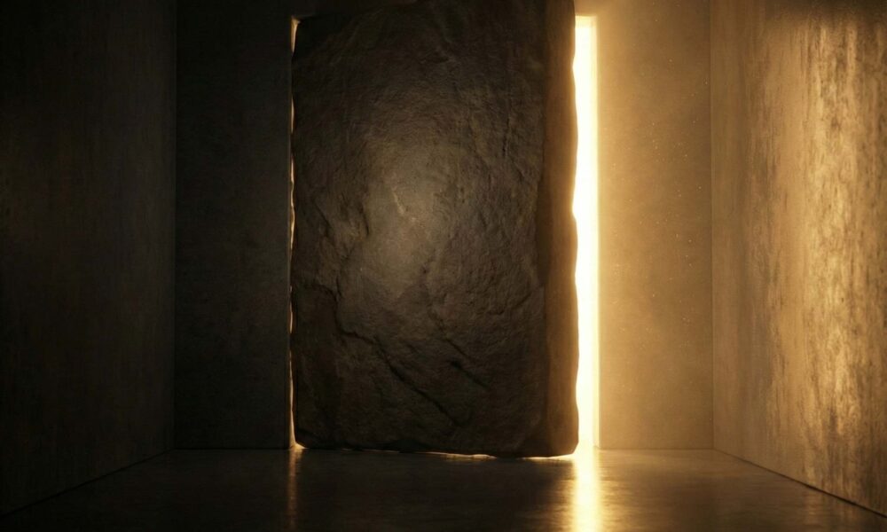 A heavy stone door standing slightly ajar to reveal a bright, golden light in a dark corridor.Featured Image Description: A cinematic 1:1 shot in conceptual realism. A massive, heavy stone door stands slightly ajar on its own in a dark, atmospheric concrete corridor. From the opening, a powerful, warm golden light pours out, cutting through the darkness and illuminating the reflective floor. The light represents the wealth and opportunity found through visibility. The environment is minimalist and premium, with a sense of immense weight and significant breakthrough.Featured Image Title: Opening the Wealth Door