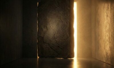 A heavy stone door standing slightly ajar to reveal a bright, golden light in a dark corridor.Featured Image Description: A cinematic 1:1 shot in conceptual realism. A massive, heavy stone door stands slightly ajar on its own in a dark, atmospheric concrete corridor. From the opening, a powerful, warm golden light pours out, cutting through the darkness and illuminating the reflective floor. The light represents the wealth and opportunity found through visibility. The environment is minimalist and premium, with a sense of immense weight and significant breakthrough.Featured Image Title: Opening the Wealth Door