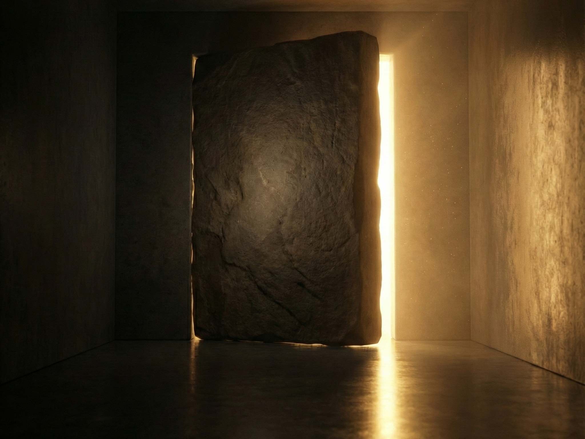 A heavy stone door standing slightly ajar to reveal a bright, golden light in a dark corridor.Featured Image Description: A cinematic 1:1 shot in conceptual realism. A massive, heavy stone door stands slightly ajar on its own in a dark, atmospheric concrete corridor. From the opening, a powerful, warm golden light pours out, cutting through the darkness and illuminating the reflective floor. The light represents the wealth and opportunity found through visibility. The environment is minimalist and premium, with a sense of immense weight and significant breakthrough.Featured Image Title: Opening the Wealth Door